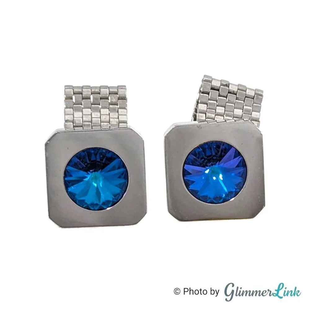 Vintage Foster Blue Rivoli MCM Silver Tone Cufflinks with Detachable Mesh Wrap